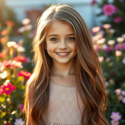 A stunning portrait of a girl with long flowing hair, sparkling eyes, and a warm smile