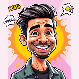 Create a vibrant, caricature-style portrait of Elvish Yadav, a popular Indian comedian, with his signature playful smile and enthusiastic expression
