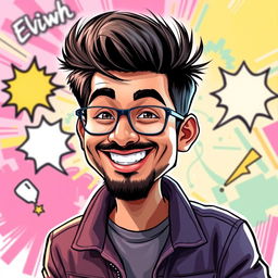 Create a vibrant, caricature-style portrait of Elvish Yadav, a popular Indian comedian, with his signature playful smile and enthusiastic expression
