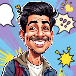 Create a vibrant, caricature-style portrait of Elvish Yadav, a popular Indian comedian, with his signature playful smile and enthusiastic expression