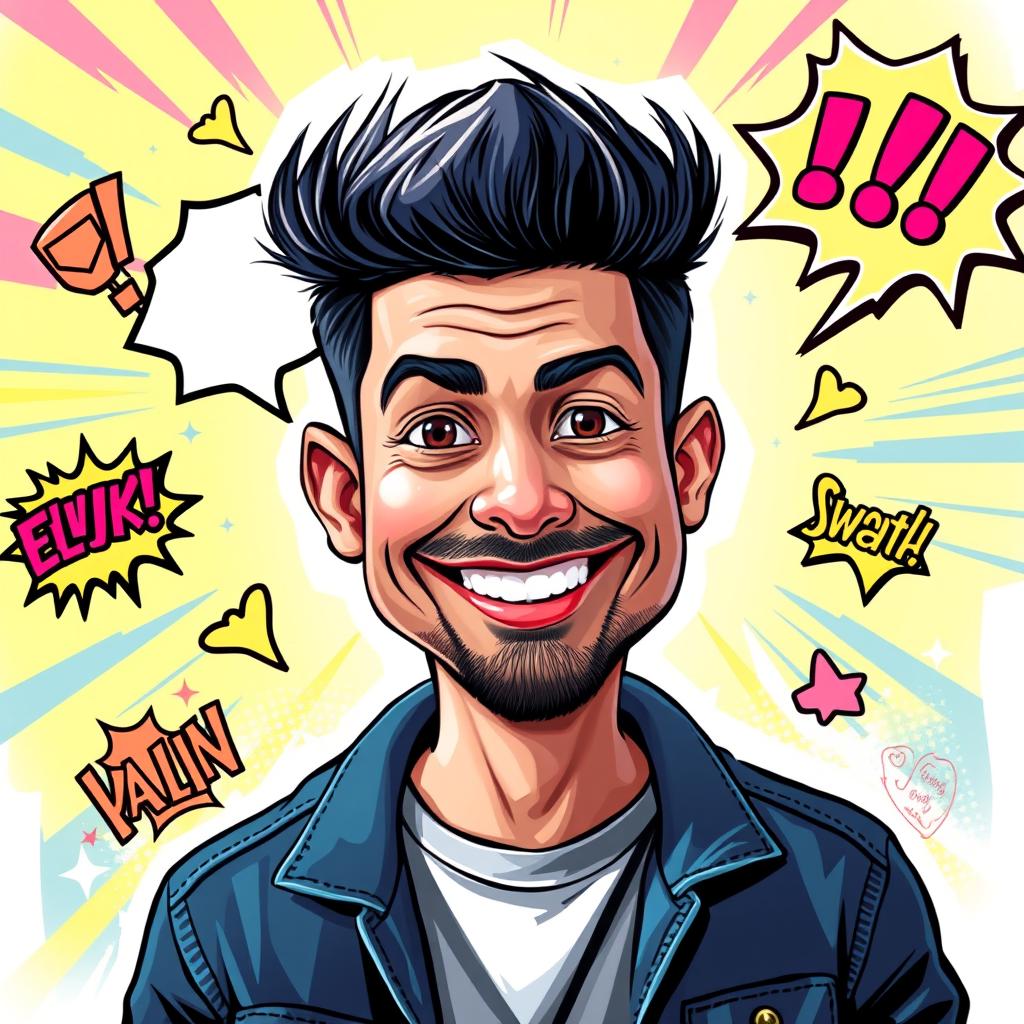 Create a vibrant, caricature-style portrait of Elvish Yadav, a popular Indian comedian, with his signature playful smile and enthusiastic expression