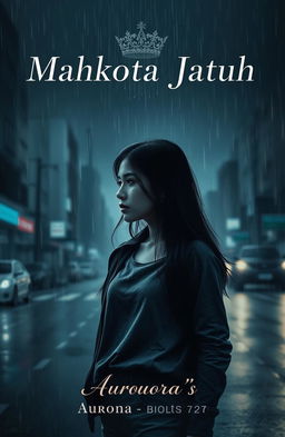 A moody and dark book cover for 'Mahkota Jatuh', featuring Aurora standing alone in the rain, gazing into the distance with a slightly melancholic expression