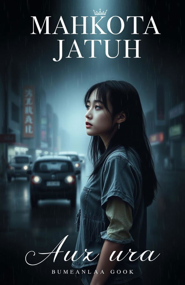 A moody and dark book cover for 'Mahkota Jatuh', featuring Aurora standing alone in the rain, gazing into the distance with a slightly melancholic expression