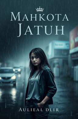 A moody and dark book cover for 'Mahkota Jatuh', featuring Aurora standing alone in the rain, gazing into the distance with a slightly melancholic expression