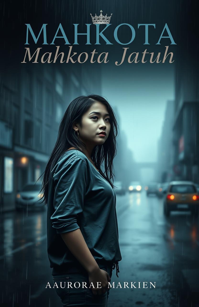 A moody and dark book cover for 'Mahkota Jatuh', featuring Aurora standing alone in the rain, gazing into the distance with a slightly melancholic expression