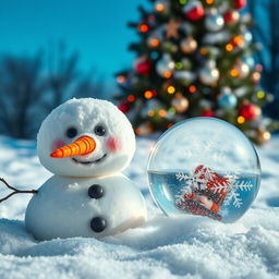 A charming winter scene featuring a snowman with a carrot nose and coal eyes, surrounded by glistening snow