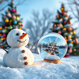 A charming winter scene featuring a snowman with a carrot nose and coal eyes, surrounded by glistening snow