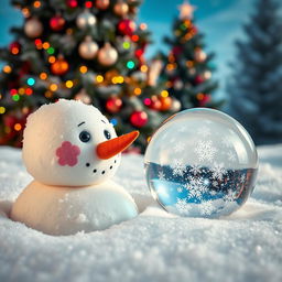 A charming winter scene featuring a snowman with a carrot nose and coal eyes, surrounded by glistening snow