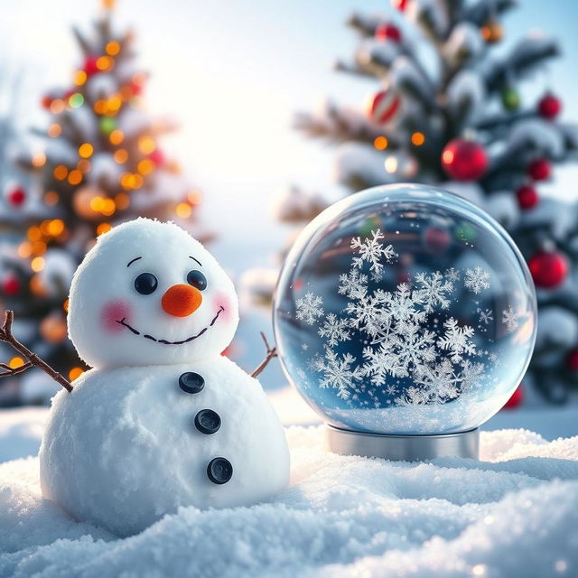 A charming winter scene featuring a snowman with a carrot nose and coal eyes, surrounded by glistening snow