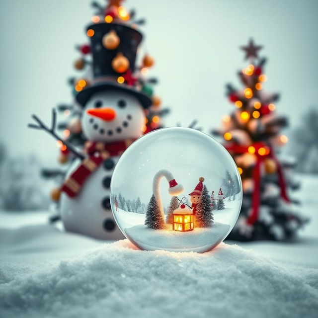 A winter scene featuring a cheerful snowman with a carrot nose and a top hat, standing next to a beautifully decorated Christmas tree