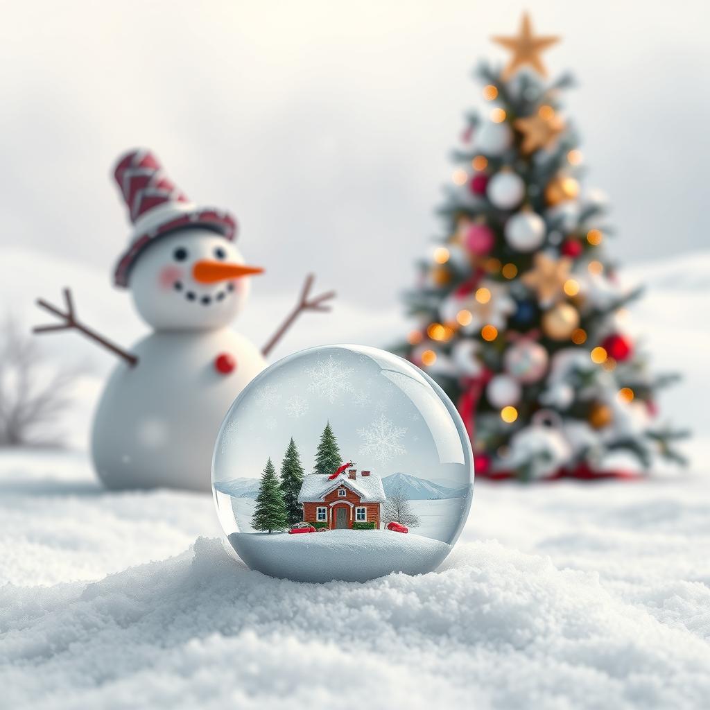 A winter scene featuring a cheerful snowman with a carrot nose and a top hat, standing next to a beautifully decorated Christmas tree