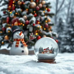 A winter scene featuring a cheerful snowman with a carrot nose and a top hat, standing next to a beautifully decorated Christmas tree