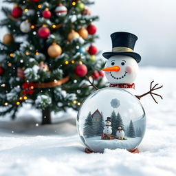A winter scene featuring a cheerful snowman with a carrot nose and a top hat, standing next to a beautifully decorated Christmas tree