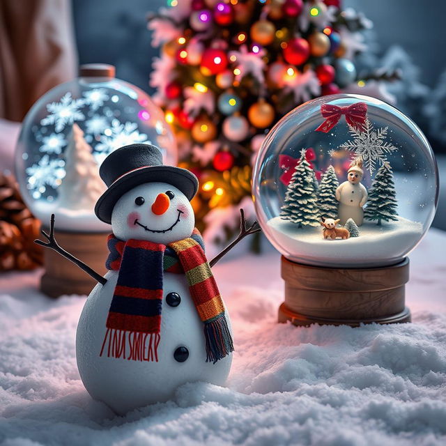 A winter scene featuring a cheerful snowman wearing a colorful scarf and a top hat, standing next to a beautifully decorated Christmas tree adorned with twinkling lights and colorful ornaments