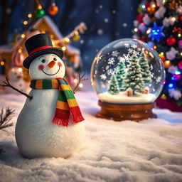A winter scene featuring a cheerful snowman wearing a colorful scarf and a top hat, standing next to a beautifully decorated Christmas tree adorned with twinkling lights and colorful ornaments