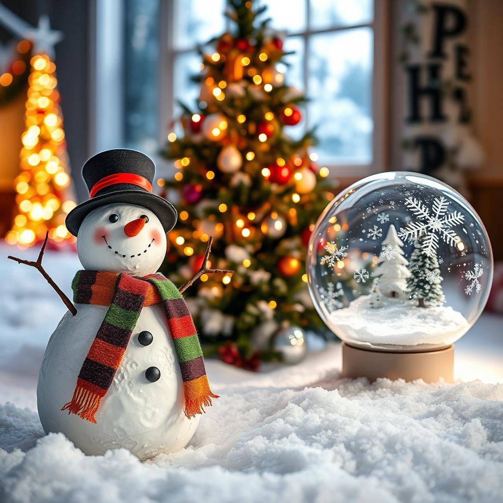 A winter scene featuring a cheerful snowman wearing a colorful scarf and a top hat, standing next to a beautifully decorated Christmas tree adorned with twinkling lights and colorful ornaments