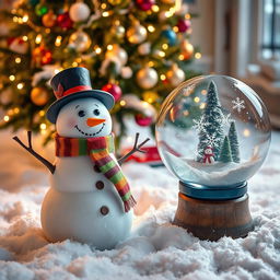A winter scene featuring a cheerful snowman wearing a colorful scarf and a top hat, standing next to a beautifully decorated Christmas tree adorned with twinkling lights and colorful ornaments