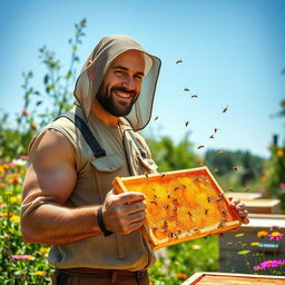 Jason Statham, depicted as a rugged beekeeper, standing in a lush, green garden filled with blooming flowers and beehives