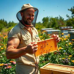 Jason Statham, depicted as a rugged beekeeper, standing in a lush, green garden filled with blooming flowers and beehives