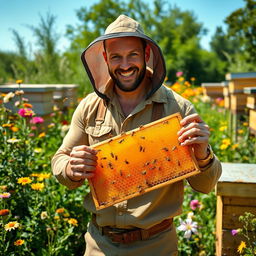 Jason Statham, depicted as a rugged beekeeper, standing in a lush, green garden filled with blooming flowers and beehives