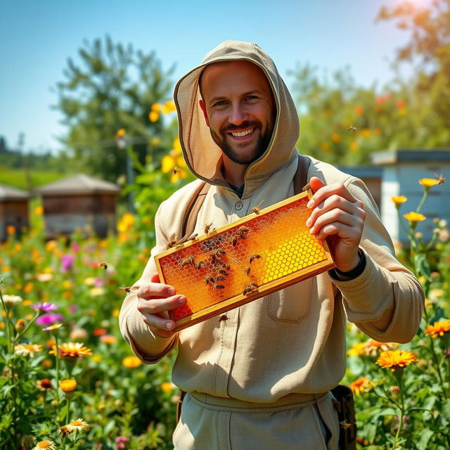 Jason Statham, depicted as a rugged beekeeper, standing in a lush, green garden filled with blooming flowers and beehives