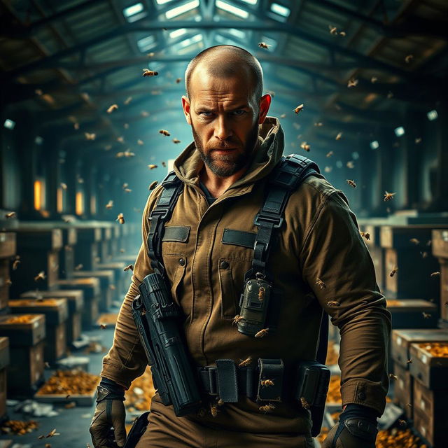 Jason Statham in the role of a gritty, determined beekeeper, clad in tactical gear and a beekeeping suit modified for action