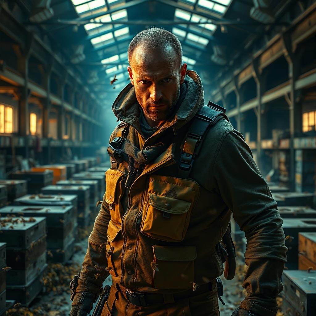 Jason Statham in the role of a gritty, determined beekeeper, clad in tactical gear and a beekeeping suit modified for action