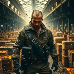 Jason Statham in the role of a gritty, determined beekeeper, clad in tactical gear and a beekeeping suit modified for action