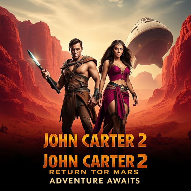 A dramatic movie teaser poster for 'John Carter 2: The Return to Mars' featuring a heroic Taylor Kitsch as John Carter, dressed in his iconic Martian warrior attire