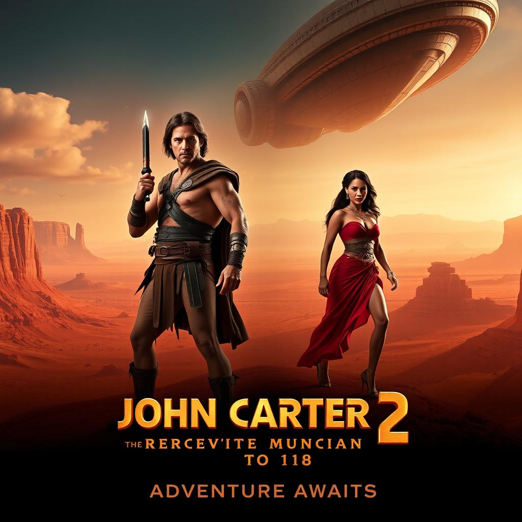 A dramatic movie teaser poster for 'John Carter 2: The Return to Mars' featuring a heroic Taylor Kitsch as John Carter, dressed in his iconic Martian warrior attire