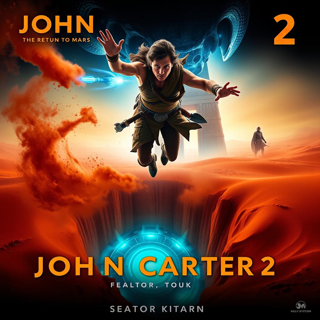 A stunning movie poster for 'John Carter 2: The Return to Mars' featuring Taylor Kitsch as John Carter, depicted mid-air among swirling Martian dust and illuminated by glowing blue energy, as if being drawn between dimensions