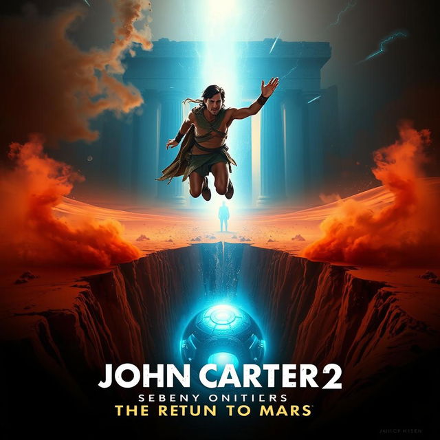 A stunning movie poster for 'John Carter 2: The Return to Mars' featuring Taylor Kitsch as John Carter, depicted mid-air among swirling Martian dust and illuminated by glowing blue energy, as if being drawn between dimensions