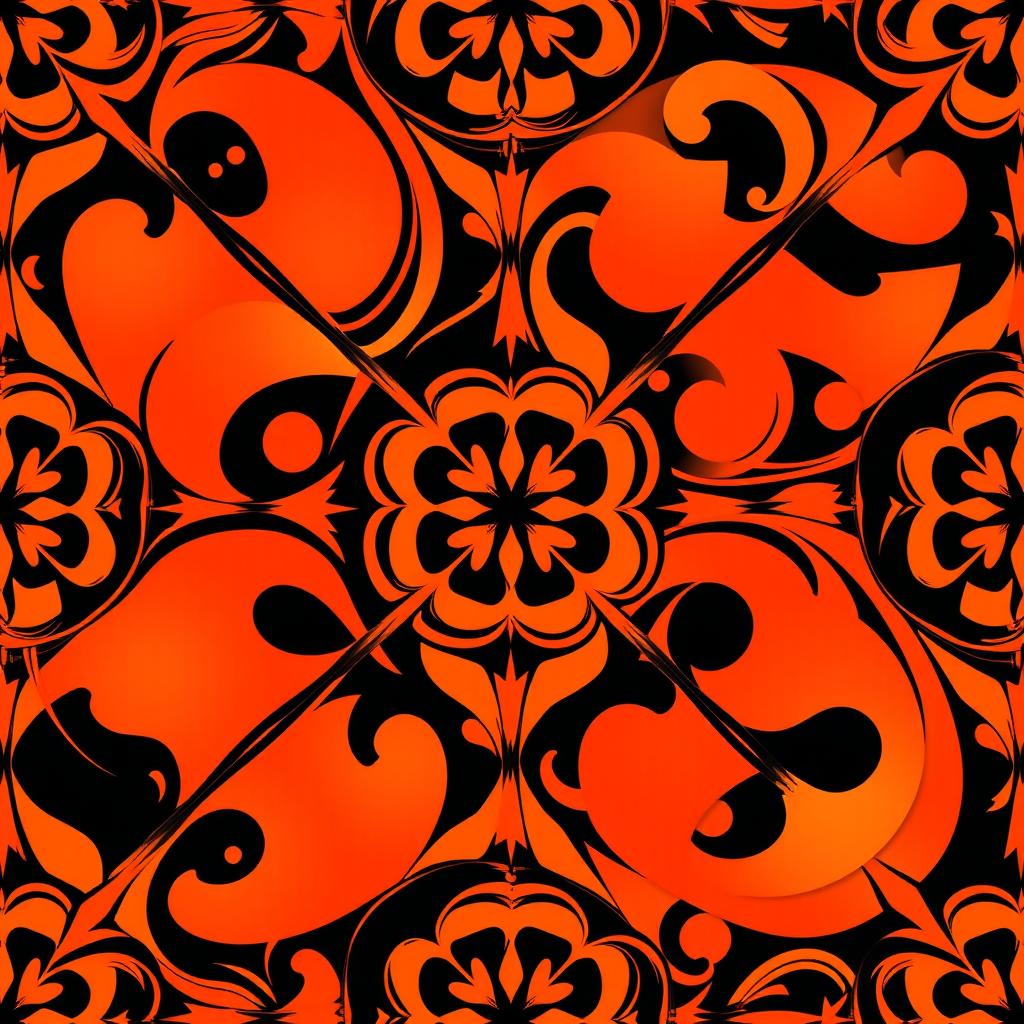An abstract design featuring a bold, vibrant orange and black pattern