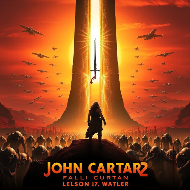 An epic movie poster for 'John Carter 2: The Return to Mars' featuring a colossal Martian artifact—a towering alien obelisk that pulsates with a radiant golden energy at the center