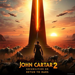 An epic movie poster for 'John Carter 2: The Return to Mars' featuring a colossal Martian artifact—a towering alien obelisk that pulsates with a radiant golden energy at the center