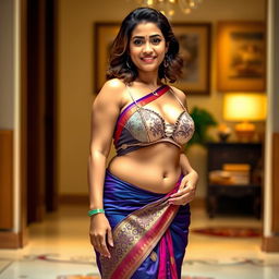 A curvy girl with an hourglass figure, showcasing a beautiful slim waist while gracefully wearing a traditional saree