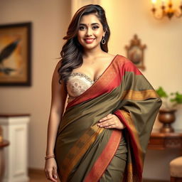 A curvy girl with an hourglass figure, showcasing a beautiful slim waist while gracefully wearing a traditional saree