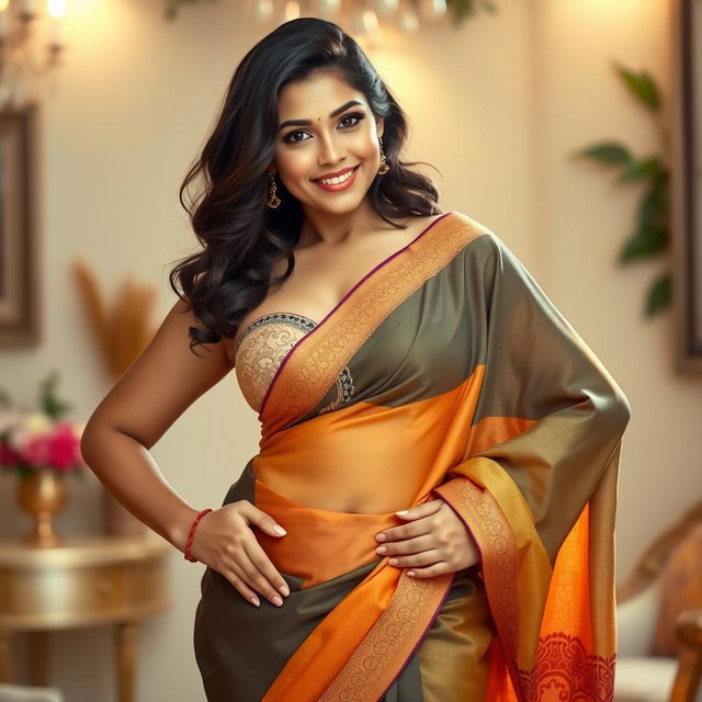 A curvy girl with an hourglass figure, showcasing a beautiful slim waist while gracefully wearing a traditional saree