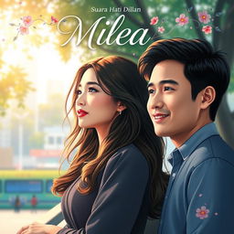 A beautifully designed poster for 'Milea: Suara Hati Dilan', featuring the main characters Milea and Dilan in a romantic setting