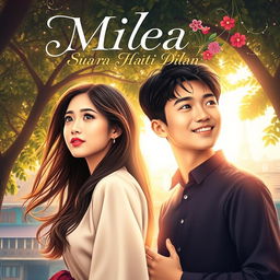 A beautifully designed poster for 'Milea: Suara Hati Dilan', featuring the main characters Milea and Dilan in a romantic setting