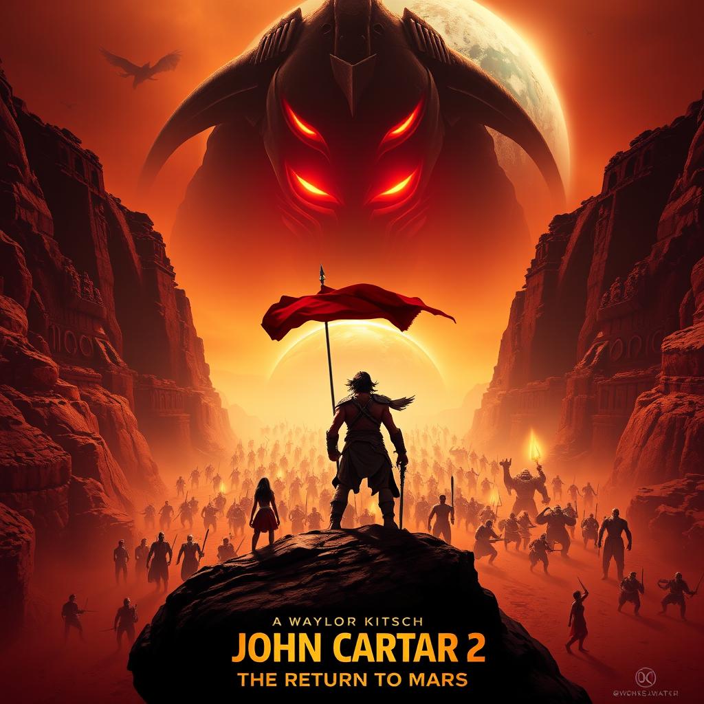 An epic movie poster for 'John Carter 2: The Return to Mars' featuring John Carter, portrayed by Taylor Kitsch, standing triumphantly atop a rugged Martian cliff, gazing down upon a vast alien army assembling in the valley below