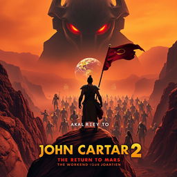An epic movie poster for 'John Carter 2: The Return to Mars' featuring John Carter, portrayed by Taylor Kitsch, standing triumphantly atop a rugged Martian cliff, gazing down upon a vast alien army assembling in the valley below