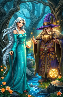 A magical scene depicting fantasy fairytale mages in an enchanted forest