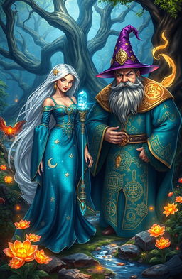 A magical scene depicting fantasy fairytale mages in an enchanted forest