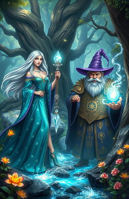 A magical scene depicting fantasy fairytale mages in an enchanted forest