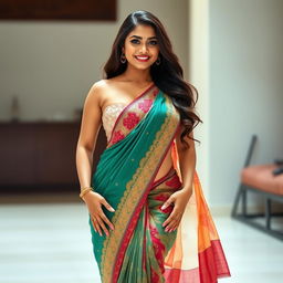 A confident, busty, curvy girl with a slim waist elegantly wearing a beautiful saree that accentuates her figure