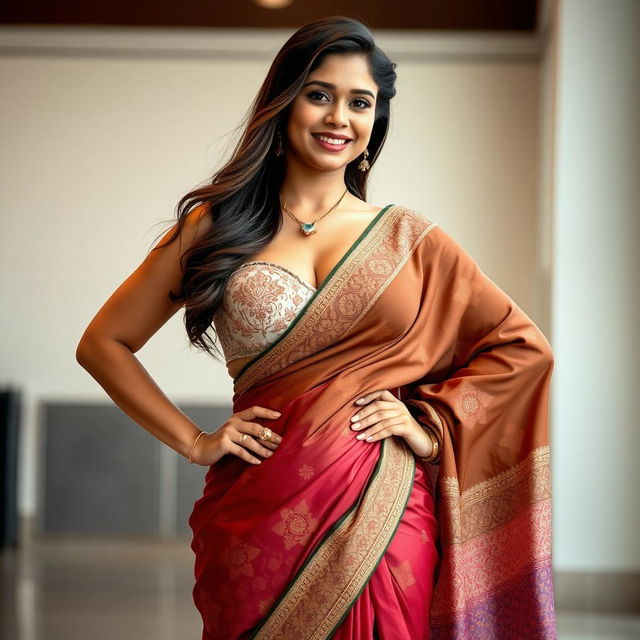 A confident, busty, curvy girl with a slim waist elegantly wearing a beautiful saree that accentuates her figure