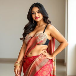 A confident, busty, curvy girl with a slim waist elegantly wearing a beautiful saree that accentuates her figure