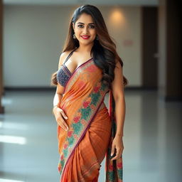 A confident, busty, curvy girl with a slim waist elegantly wearing a beautiful saree that accentuates her figure