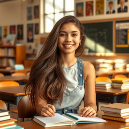 A beautiful high school girl with long flowing hair, wearing a stylish casual outfit, sitting at a wooden desk in a classroom filled with books and colorful stationery